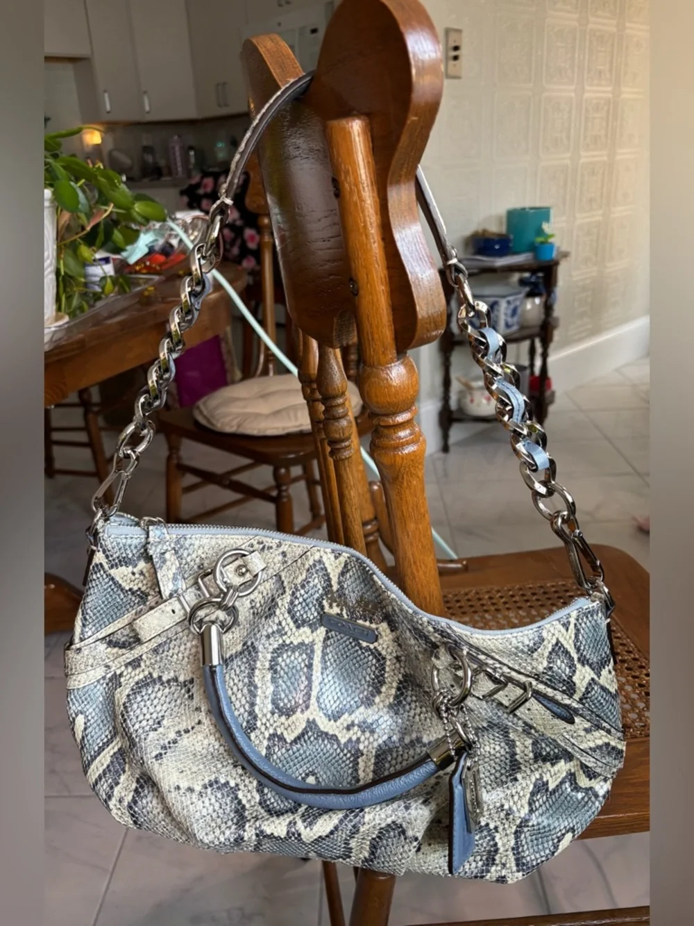 Coach Python-Print Leather Shoulder Bag in Blue, Gray and Cream